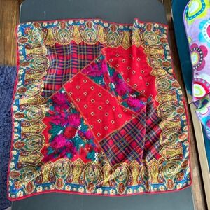 Echo Red Floral Paisley Plaid 100% Lambs Wool Scarf Square Vintage Shawl 31x31